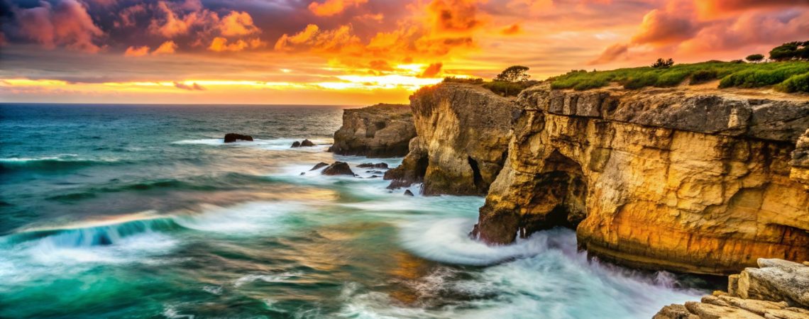 o-dramatico-por-sol-sobre-penhascos-rochosos-com-ondas-estragadas